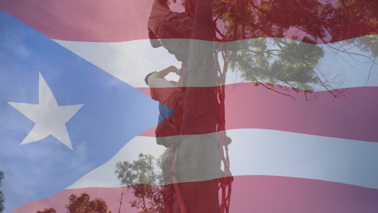 Man stepping onto rope ladder starting climb under pine grove, partner joining ascent for fitness