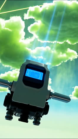 futuristic drone flying through vibrant green clouds