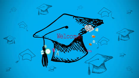 animation of welcome text over graduation hats on blue background