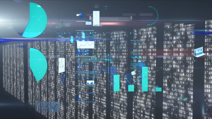 Animation af databehandling over flere skærme med binær kodning mod blå baggrund