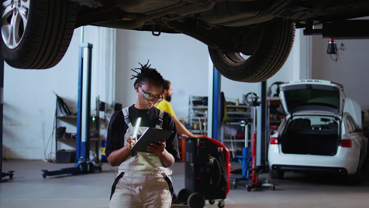 Expert uses light to check car on lift