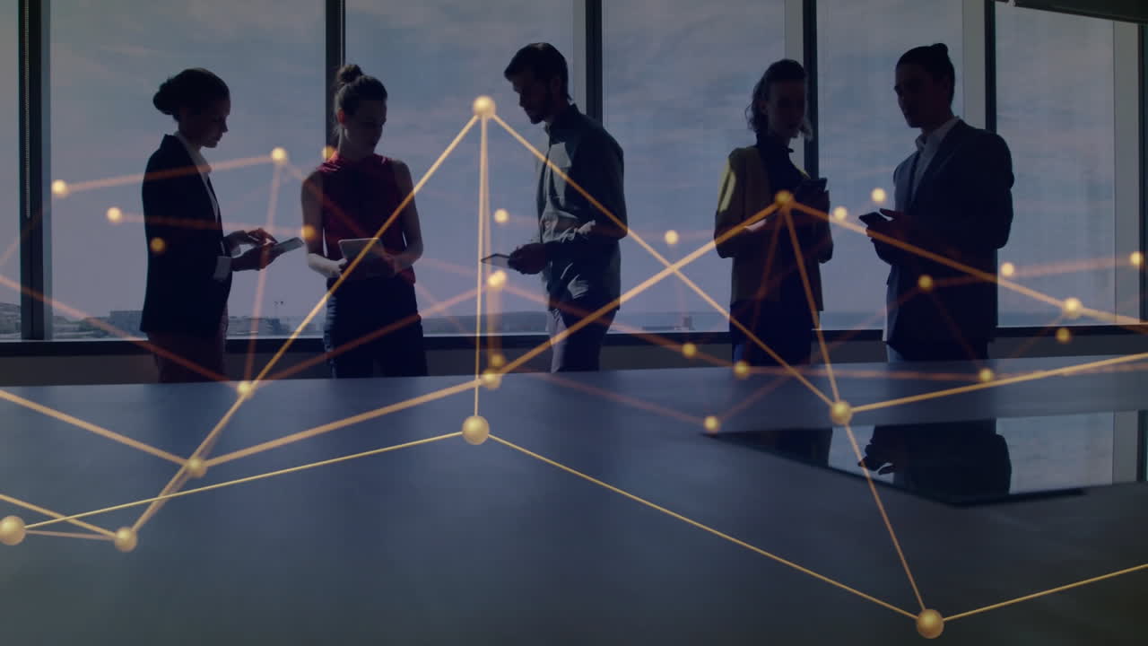 Using devices in office, diverse business people with network of connections animation