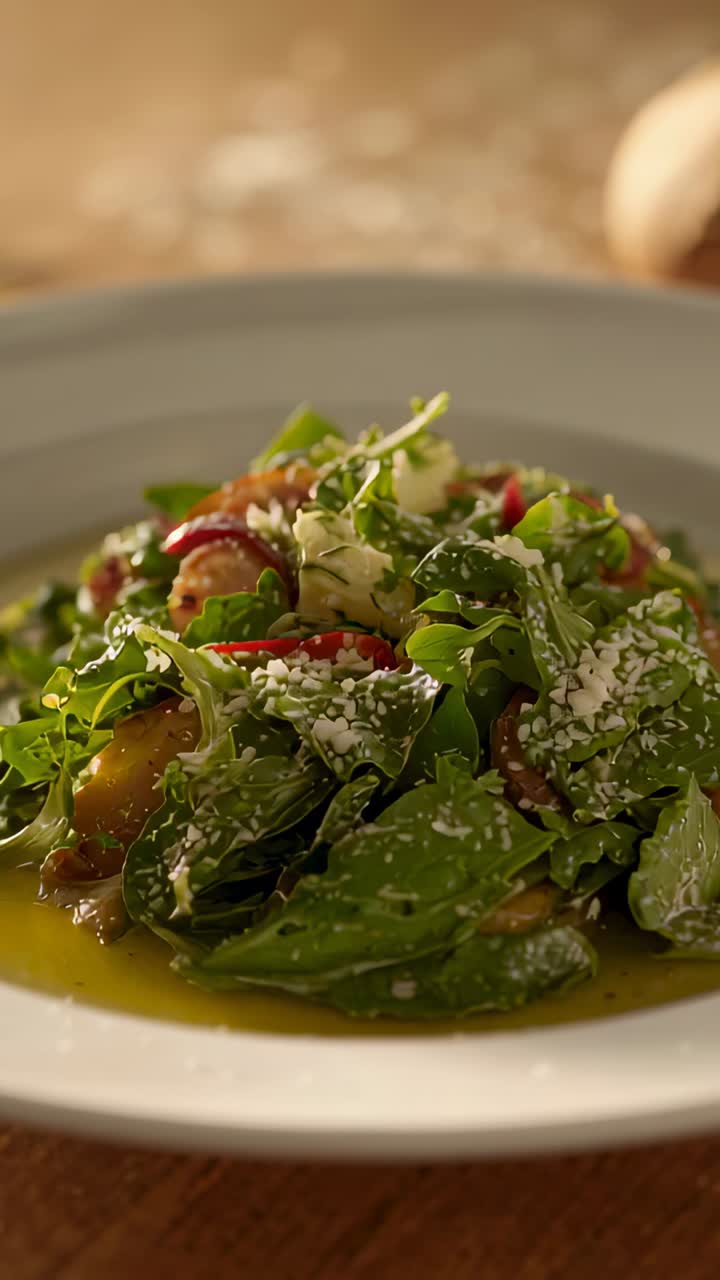 Vertical video: Moving camera showing green salad on wood table, highlighting dressing sheen, feta