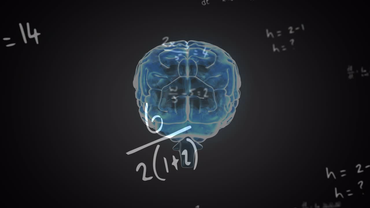 Animazione di un cervello rotante e formule matematiche su sfondo nero