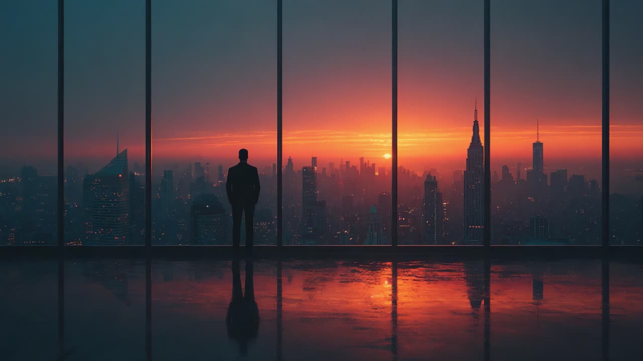 Una figura contemplativa observa un vibrante paisaje urbano al atardecer, capturando la serenidad y la belleza de la vida urbana contra un telón de fondo impresionante