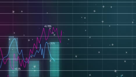animación de múltiples gráficos con números cambiantes, patrón de cuadrícula sobre fondo negro