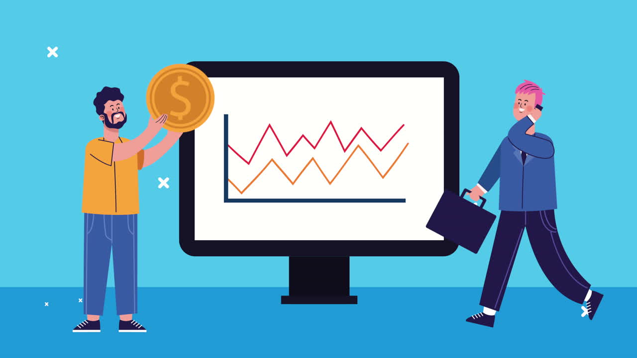 데스크과 달러 문자를 가진 사업가 애니메이션