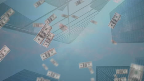 Animación-De-Billetes-De-Un-Dólar-Que-Caen-Sobre-Una-Vista-De-ángulo-Bajo-De-Edificios-Modernos-Contra-El-Cielo