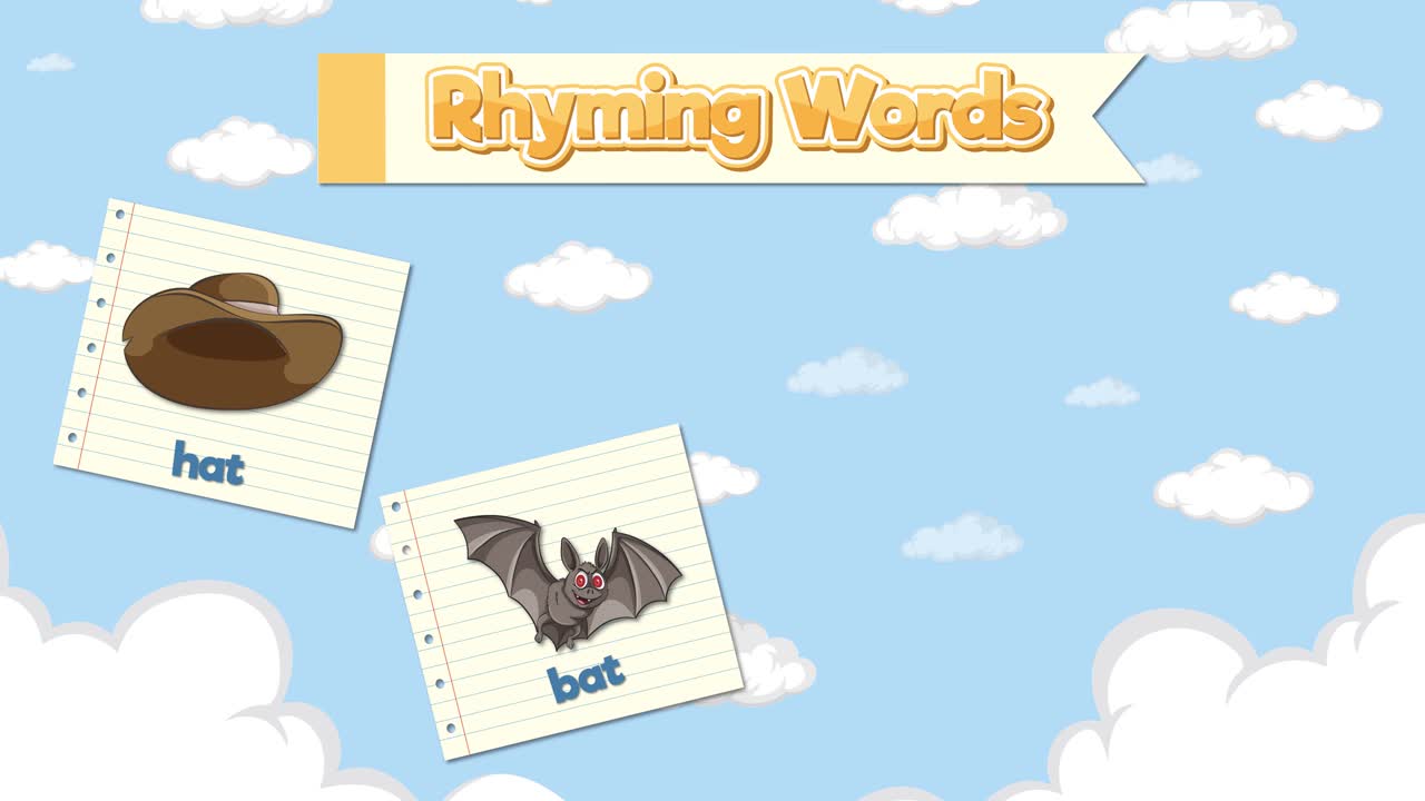 Cartoon illustrations of rhyming words appear sequentially against a blue sky with fluffy white clouds