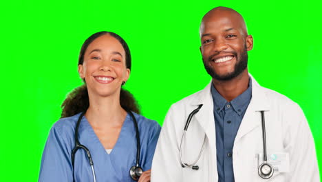 Medizin,-Lächeln-Und-Krankenschwester-Mit-Arzt-In-Grün