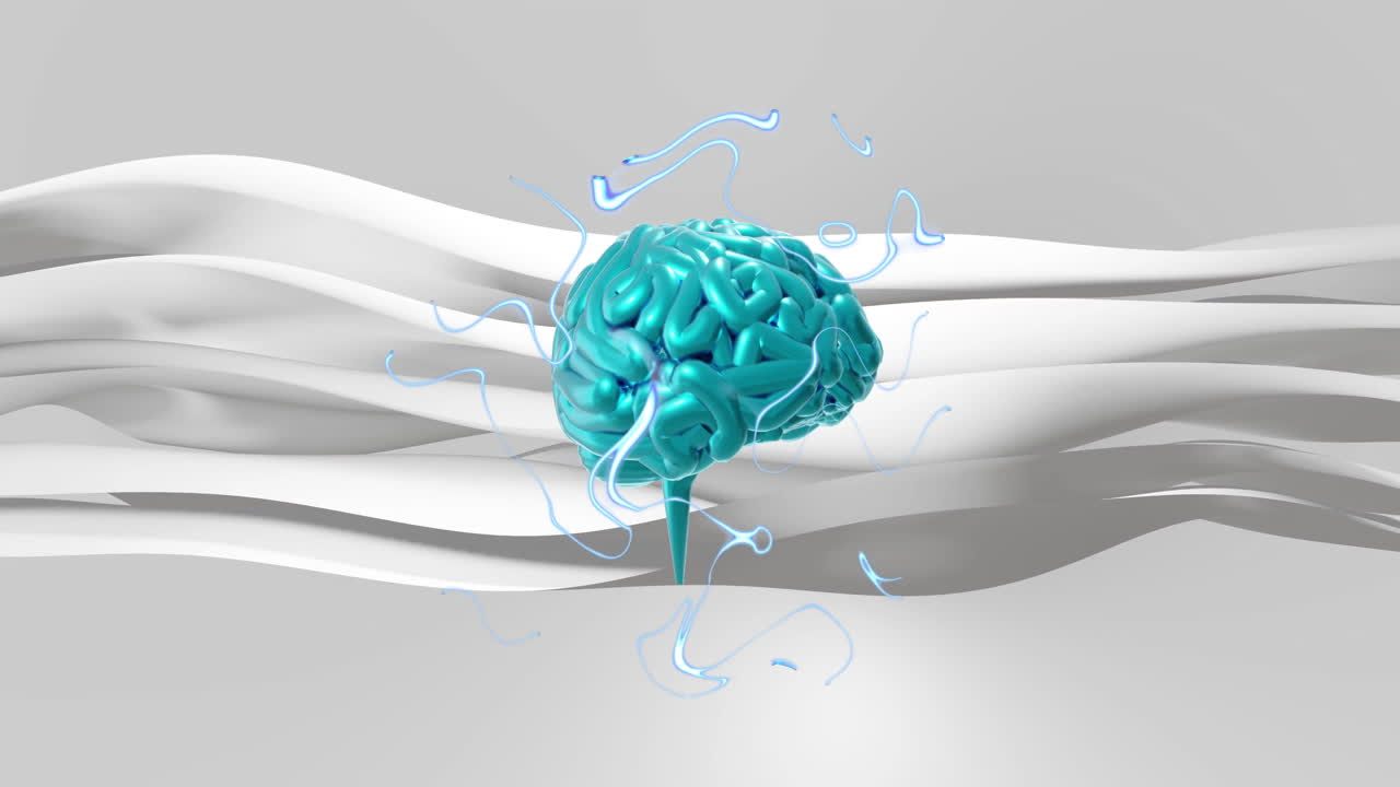 Animation of human brain moving over waving layers on white background