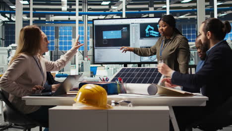 engineering team in photovoltaics plant improving solar cells efficiency