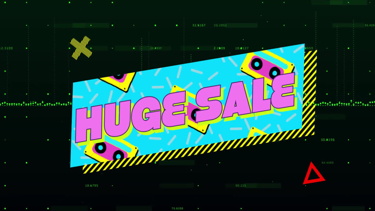 Colorful retro design with huge sale animation over digital data background
