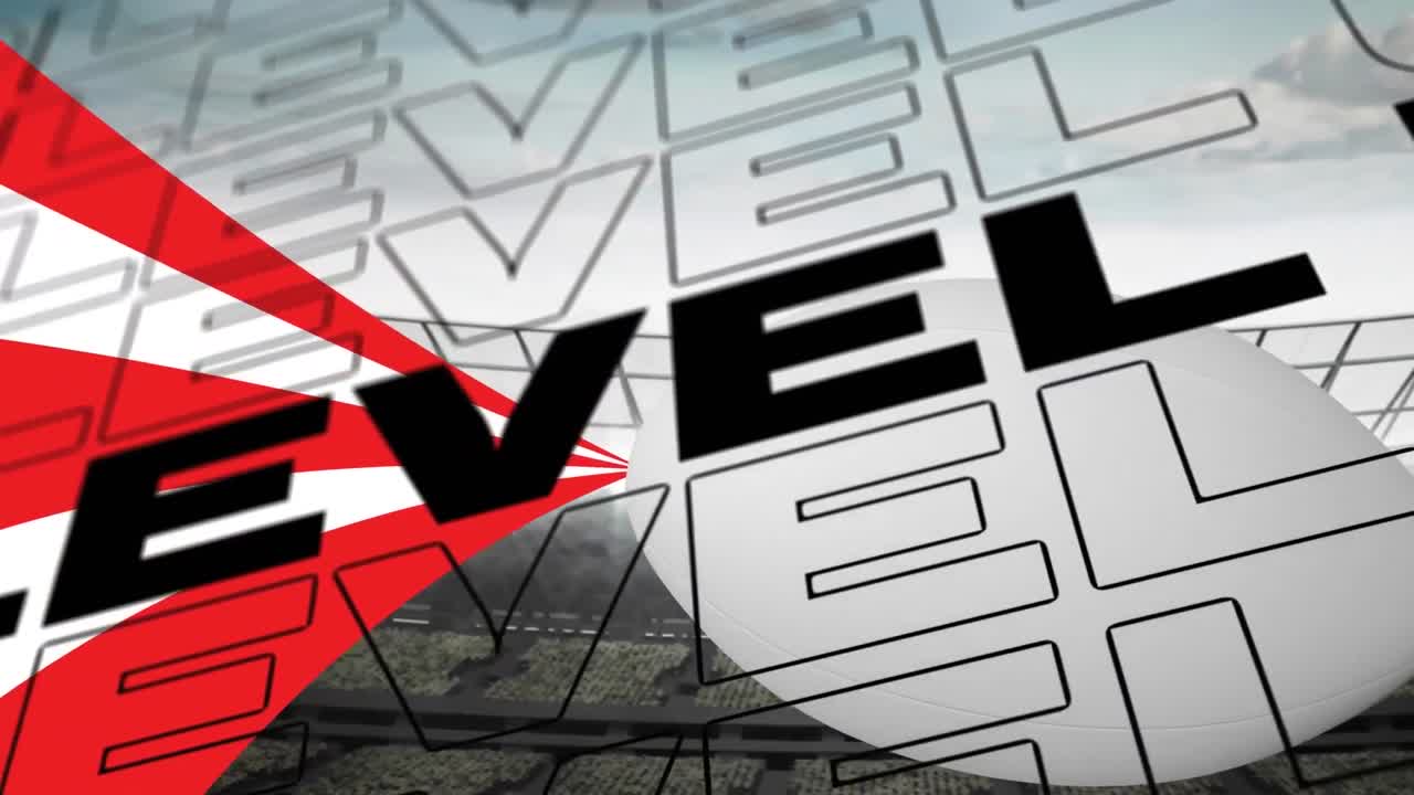 animación de palabras de nivel en negro, con rayas rojas y blancas sobre el estadio deportivo