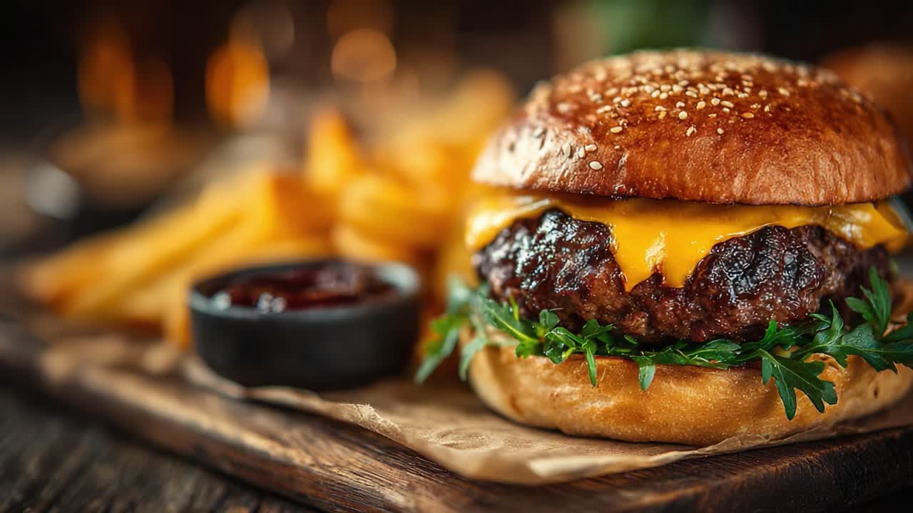 Cheeseburger deliziosamente succoso con verdure fresche e patatine fritte croccanti su un rustico piatto di legno, grigliato alla perfezione e guarnito con formaggio fuso
