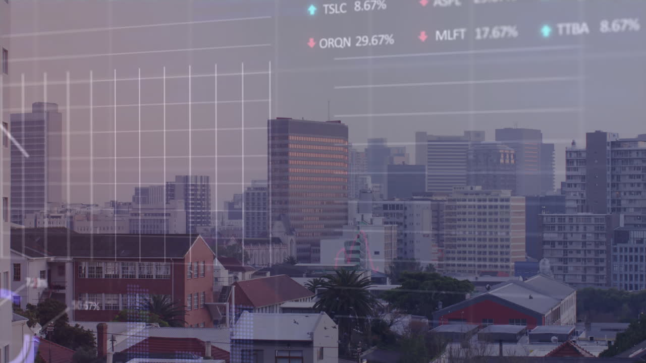 Animation of financial data processing over cityscape