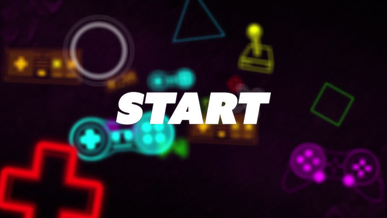 Animation of start text banner over multiple neon video game controller icons on black background