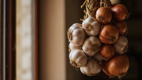 aesthetic display of fresh garlic and onions hanging in natural light, capturing the essence of culinary ingredients with textural and colorful variations
