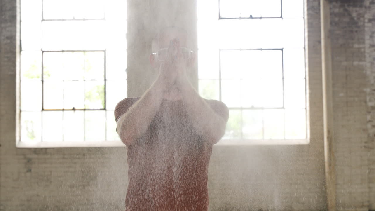 A man with powder in his hands looking into camera and bringing them together to create a big puff of cloud.