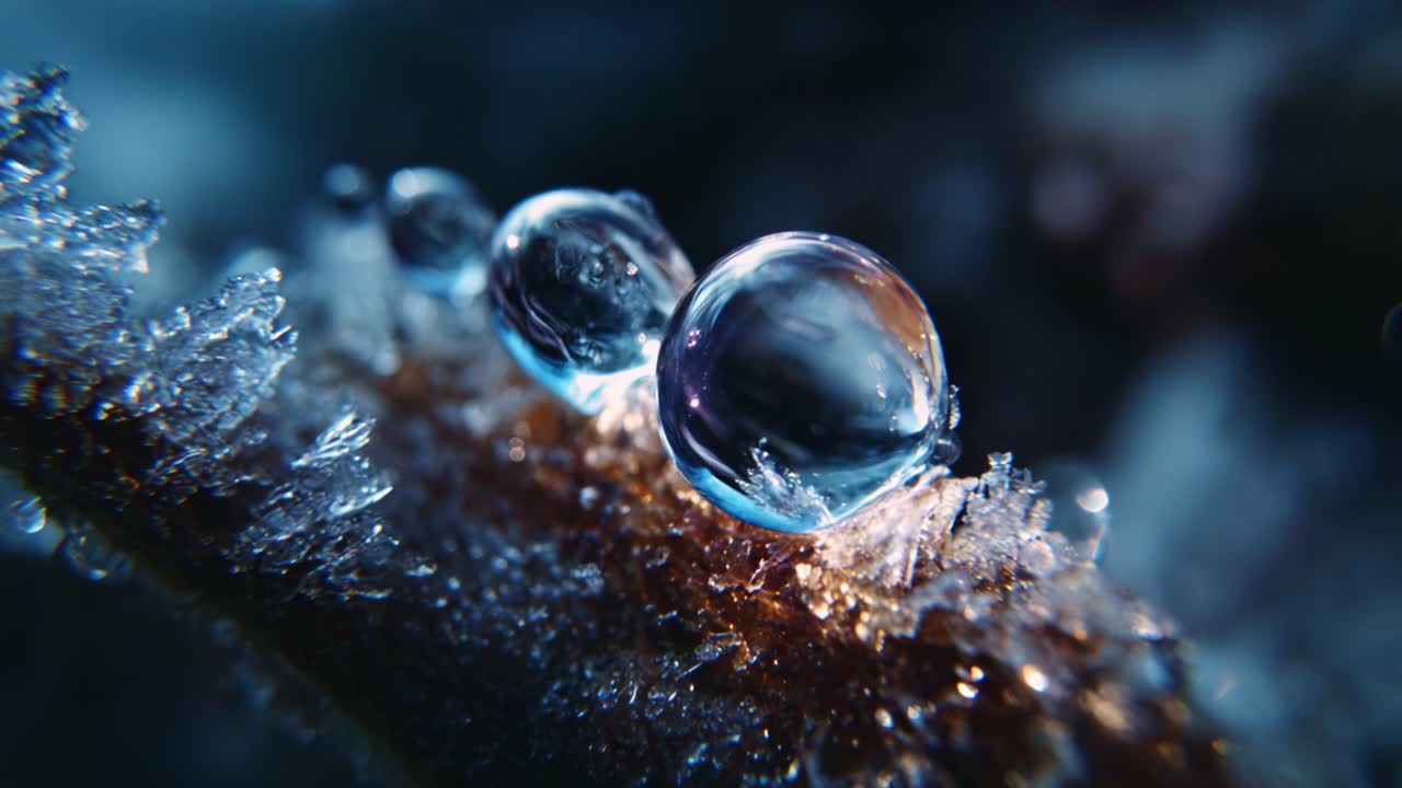 Close-Up of Water Droplets on Frosted Surface Captured in Macro Photography, Showcasing the Intricate Details of Nature's Beauty in Glimmering Light