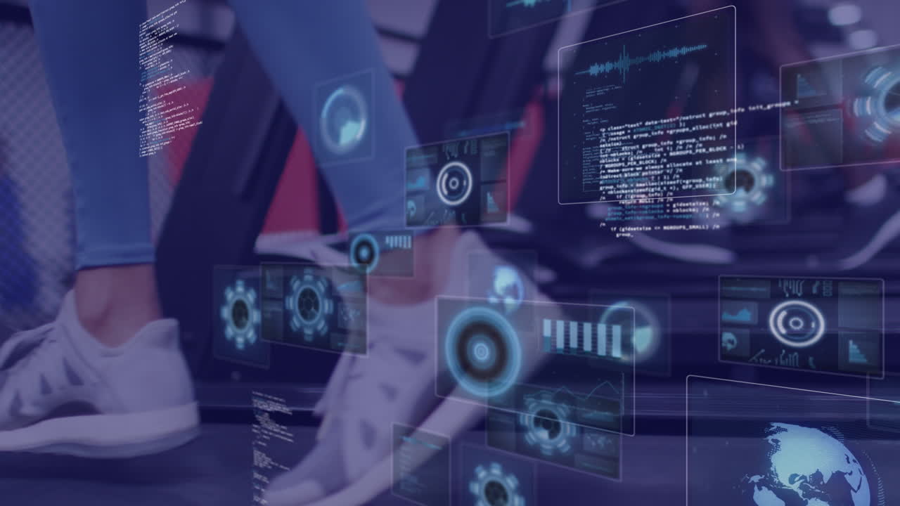 트레드밀에서 달리는 여성, 체육관에서 운동하는 여성에 대한 데이터 처리 애니메이션