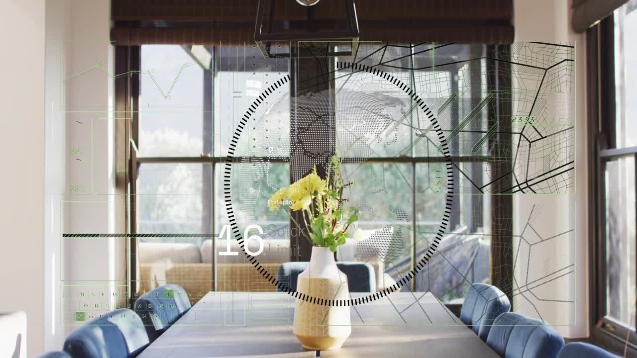 Camera focusing high then pulling back, translucent HUD fading in and visualizing metrics over vase