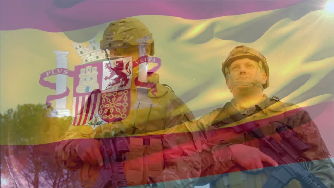 animación de la bandera de españa sobre varios soldados masculinos con armas