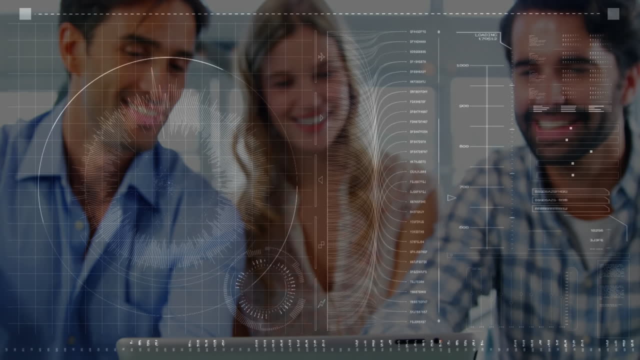 Collaborating with digital data interface overlay, diverse group in school setting