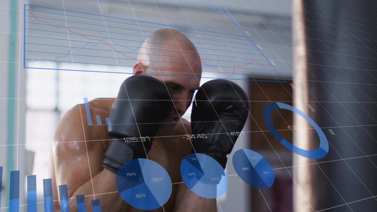Vertical video: Starting at bag, shirtless boxer throwing jabs, training with gloves and overlays