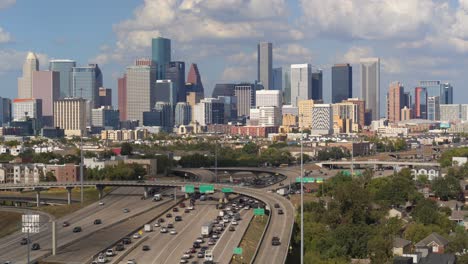 drone shot of downtown houston and i-45 freeway