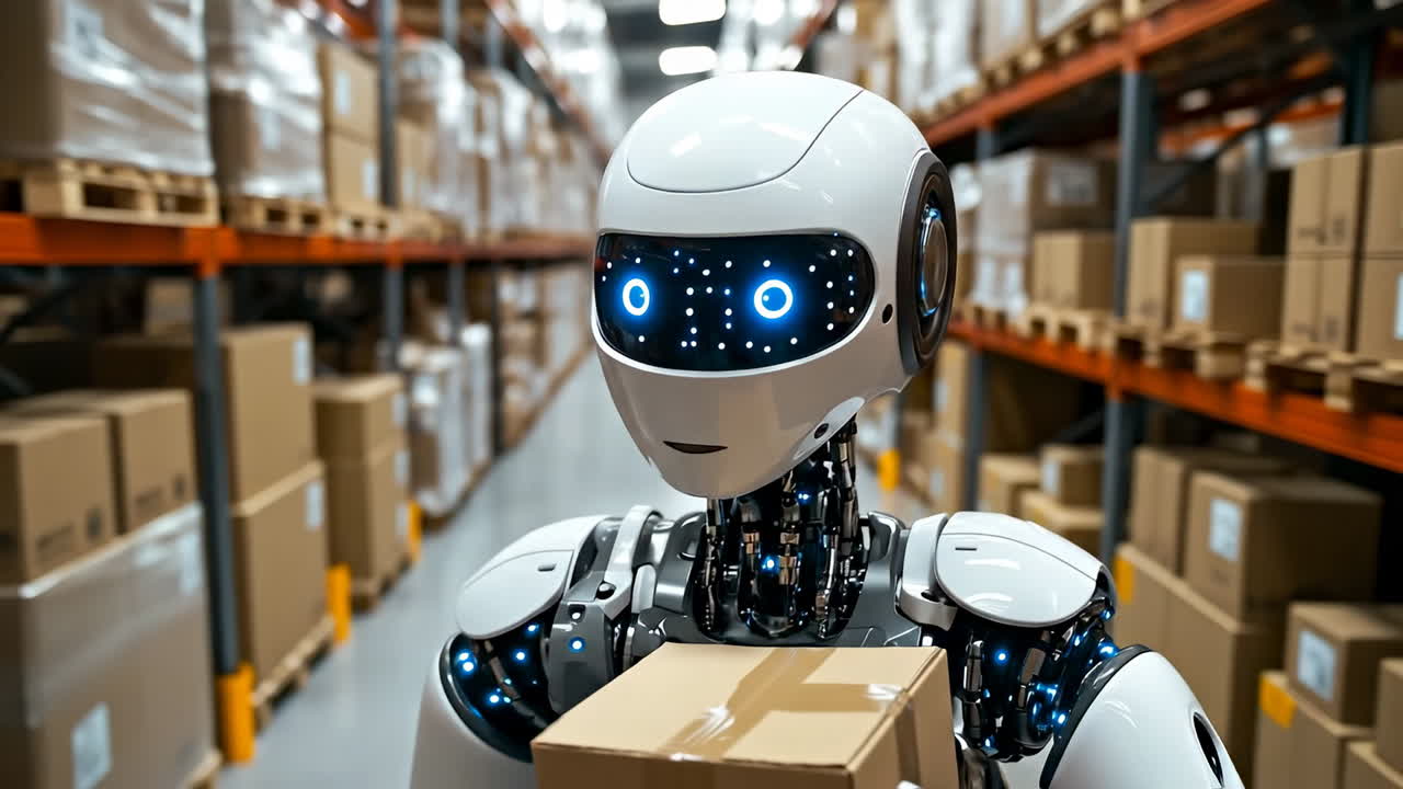 Humanoid robot carrying cardboard box in industrial warehouse aisle. White android robot holding package walking through storage facility with shelves and boxes