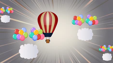 Animation-Von-Bunten-Luftballons,-Die-Mit-Wolken-Fliegen,-Und-Heißluftballons-Auf-Grauem-Hintergrund