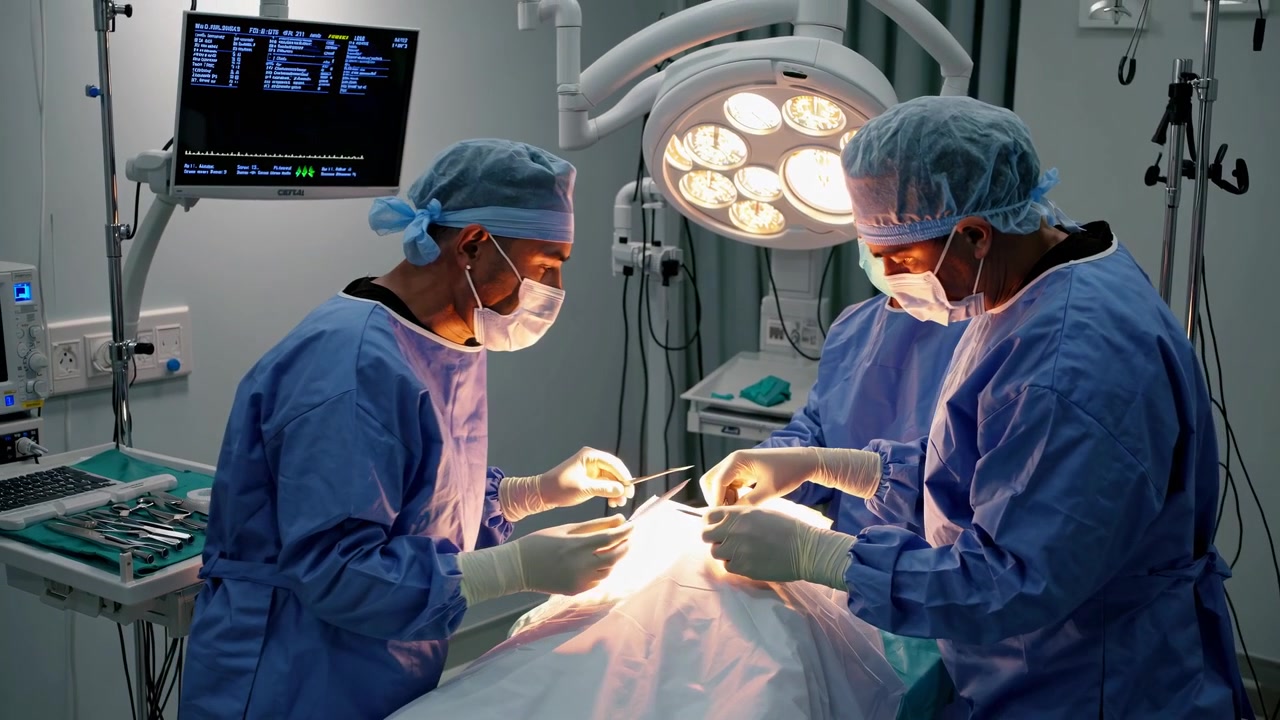 Two Surgeons Performing a Medical Procedure in an Operating Room
