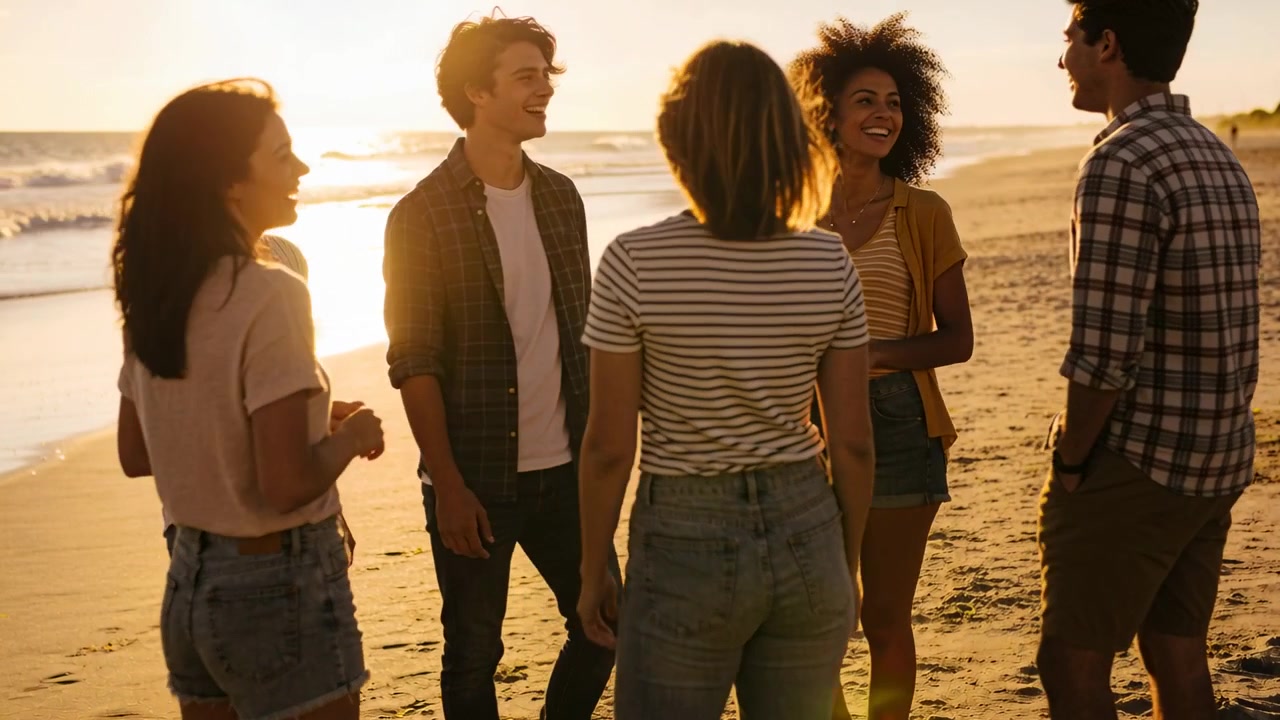 Sei amici chiacchierano, disponendosi in cerchio su una spiaggia sabbiosa, con il sole che tramonta, tra magliette a righe e onde.