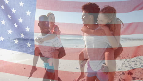 animación de la bandera de los ee.uu. sobre hombres diversos felices que llevan a las mujeres a espaldas en la playa en verano