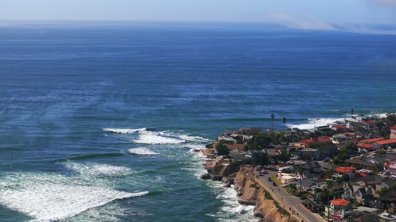 Santa Cruz Pleasure Point Park Private beach Opal Cliffs California aerial drone surfing surf waves swell Steamers Lane Cliff Drive walk Capitola neighborhood Monterey Bay morning mist sunny backwards