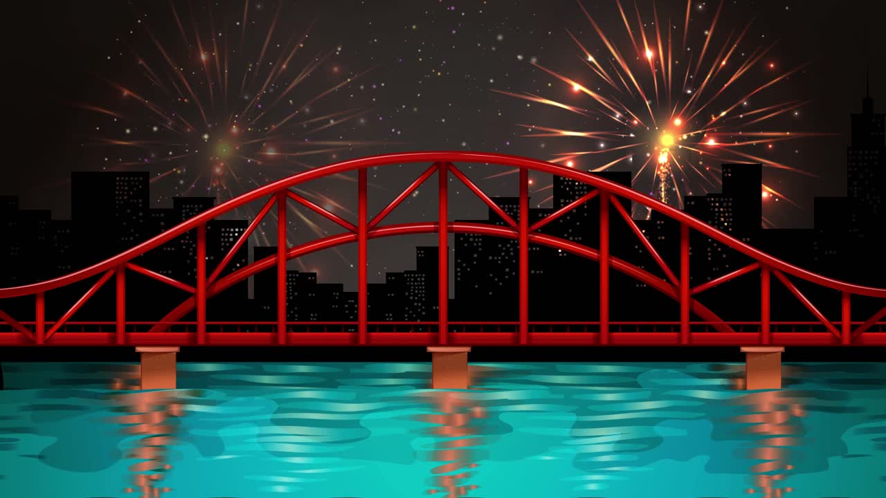 다채로운 불꽃놀이가 도시 다리 장면을 조명합니다.