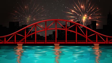 coloridos fuegos artificiales iluminan una escena de puente de la ciudad