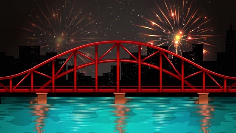 colorful fireworks illuminate a city bridge scene