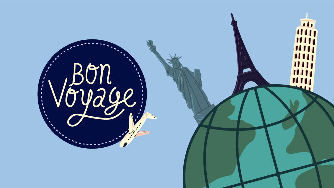 letras de bon voyage con vuelos de aviones y puntos de referencia