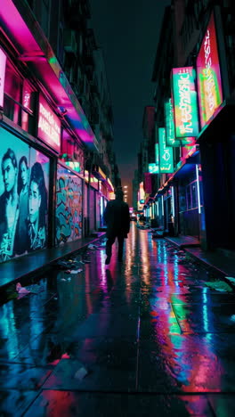 solitary night walk in a neon cyberpunk city