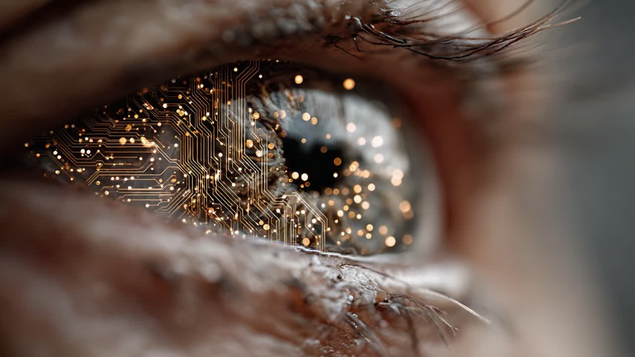 A Close-Up View of a Human Eye with Intricate Circuitry and Light Patterns, Symbolizing the Fusion of Technology and Humanity in the Digital Age