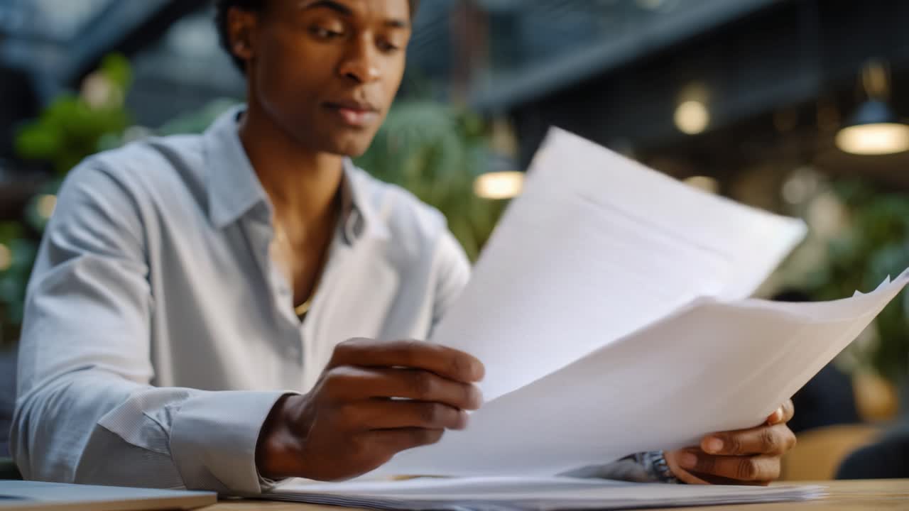 Focused Individual Examining Important Documents in a Modern Workspace, Surrounded by Lush Greenery, Highlights Concentration and Professionalism