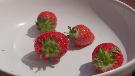 fresh british strawberries falling into white bowl outside in slow motion