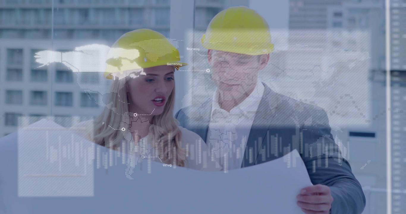 Vertical video: Overlay showing suited man and helmeted woman reading plan for design, pointing