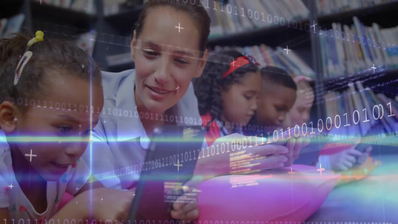 Teacher handing tablet to child in library, guiding tapping for coding education with code overlays