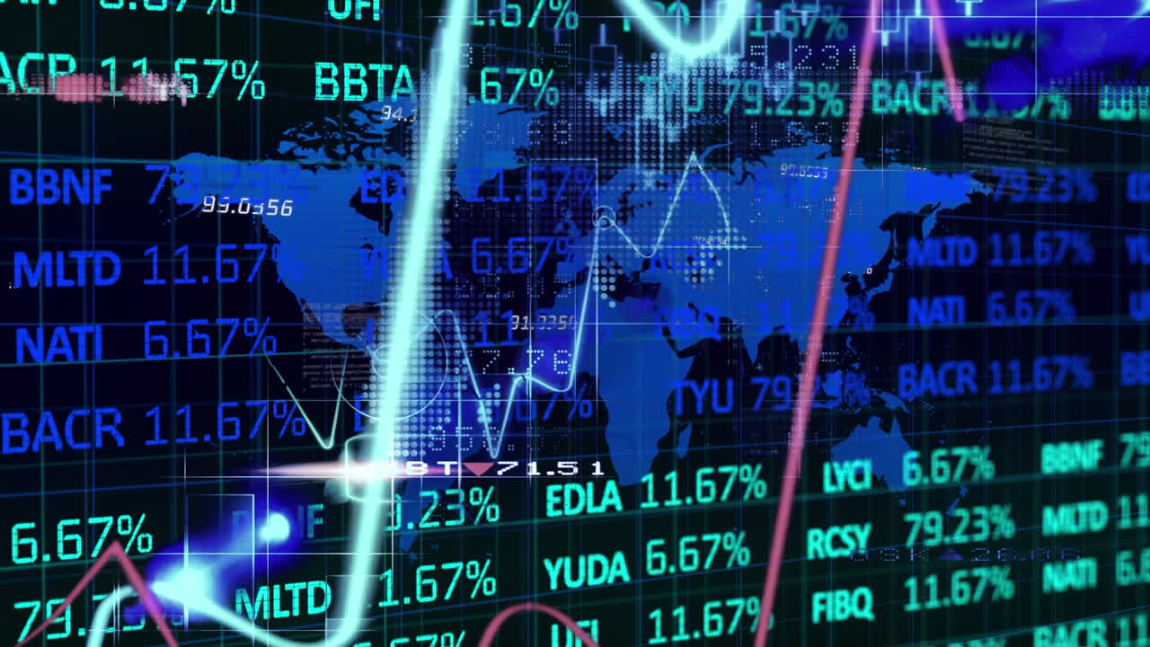 Stock market data and statistical data processing against world map