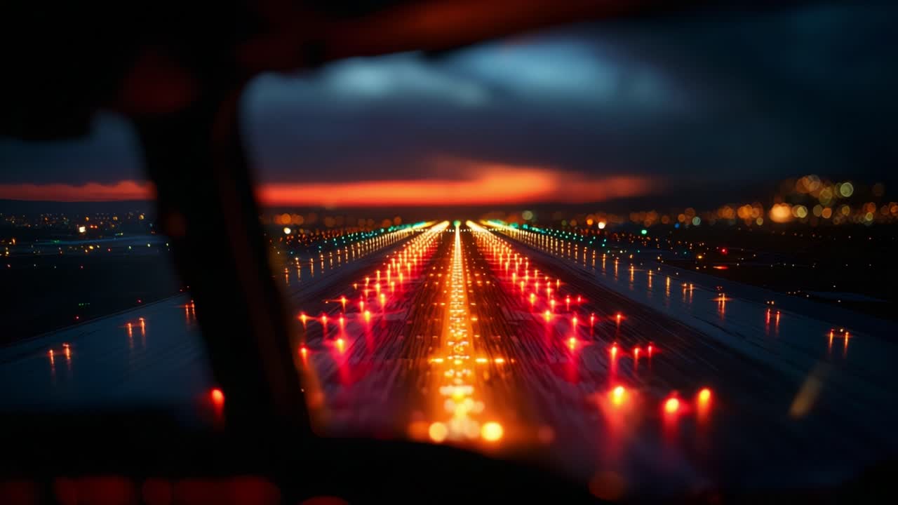 Captivating View from the Cockpit: A Vibrant Display of Runway Lights Illuminating the Twilight Sky During an Approach to Landing at Dusk