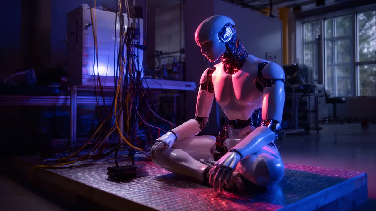 En futuristisk robot som sitter i et laboratorium, glødende med neonlys, og viser avansert teknologi og fremtiden for artificial intelligence og robotikk
