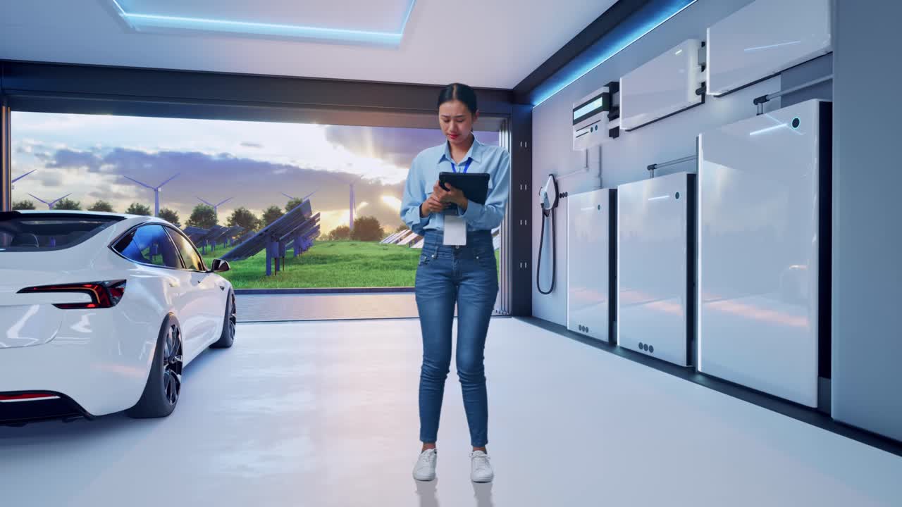 Full Body Of Asian Female With Her Tablet With Home Energy Storage System In a Modern Garage, Typing And Dissapionted With Nodding Her Shead